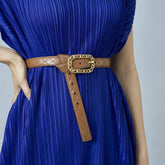 Tan leather women's belt with distinctive quilted-link metal leather